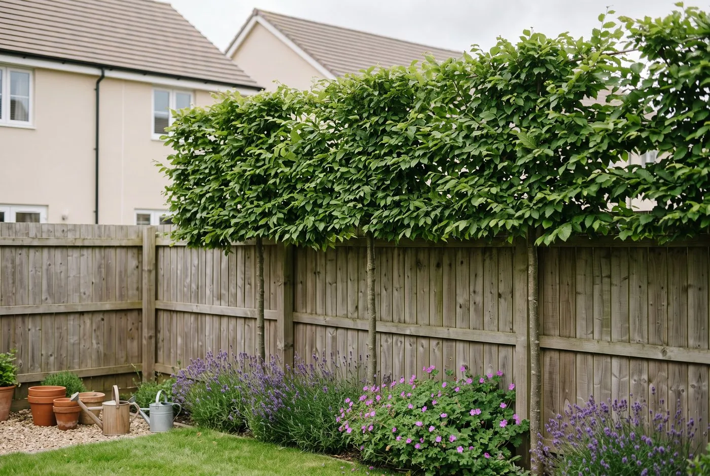 A row of pleached hornbeam screening a new-build boundary, clear stems below a flat panel of green leaves