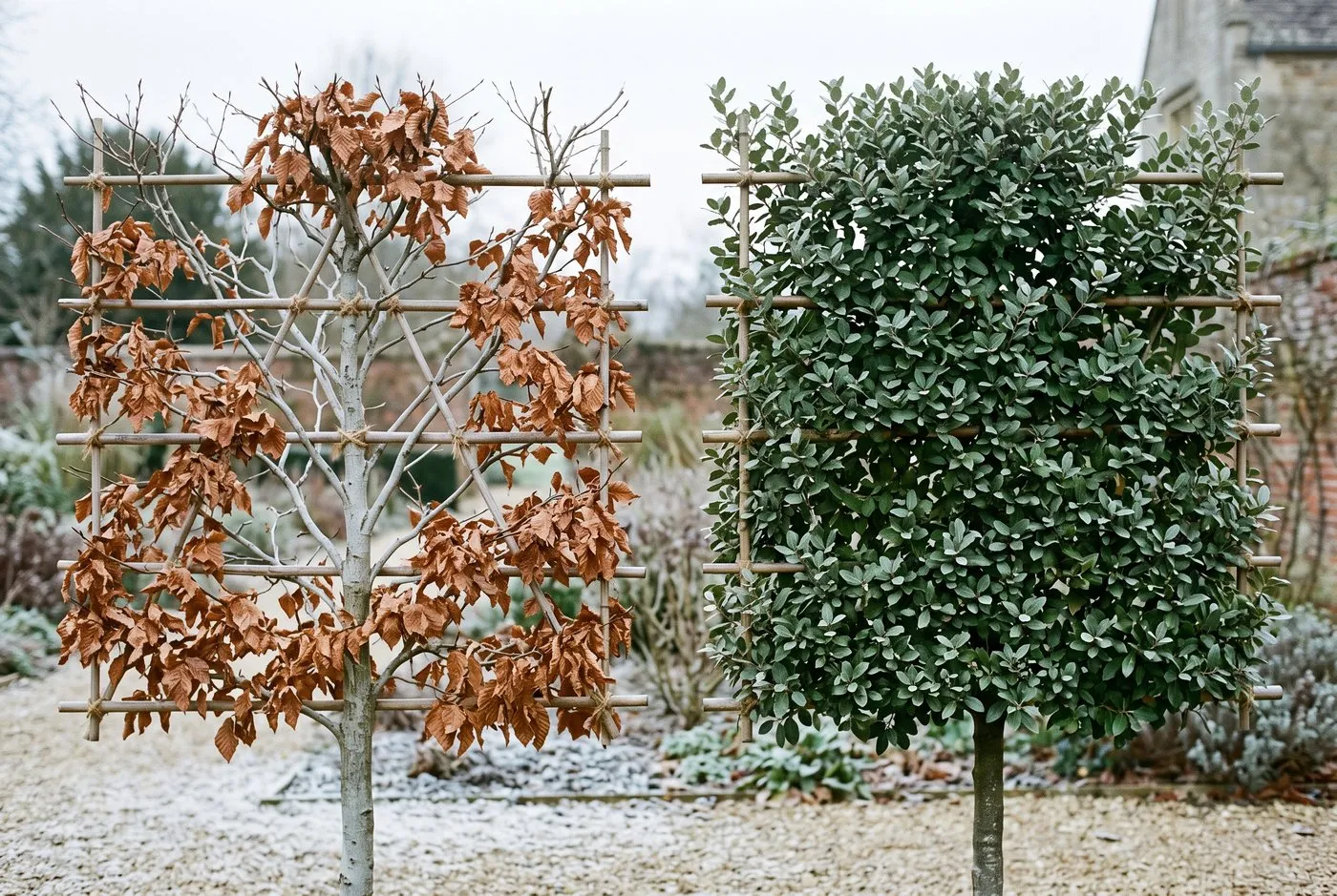 Side-by-side pleached panels in a frosty walled garden, one deciduous with copper winter leaves, one evergreen