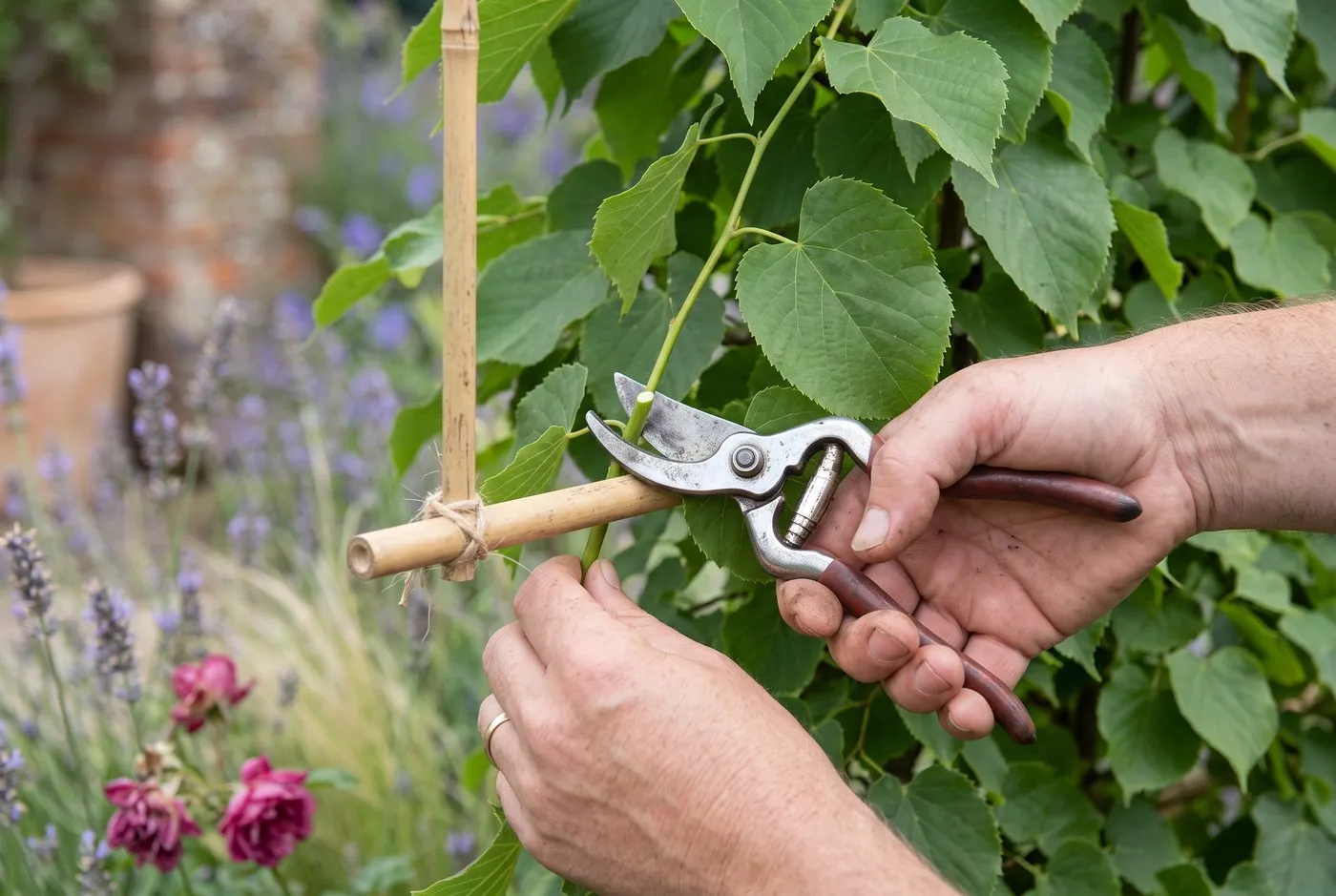 Close-up of secateurs making a clean summer pruning cut on a pleached lime panel in a Midlands cottage garden