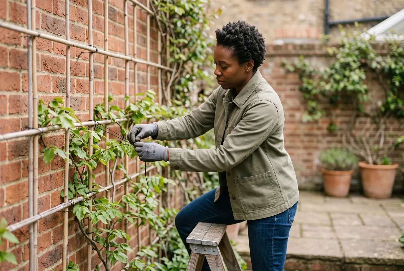 A woman tying pleached-tree branches onto a bamboo training frame in a brick city courtyard, gloved hands on the ties