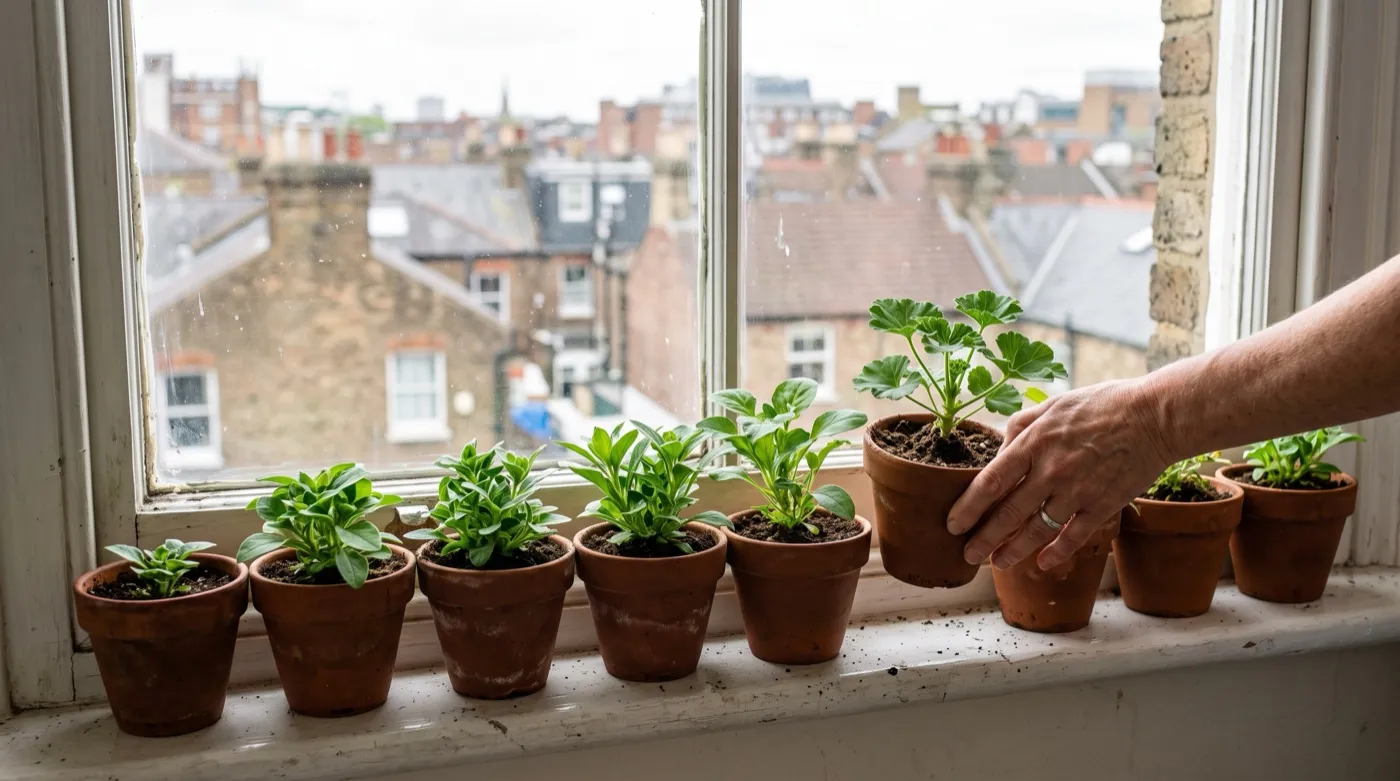 Young plug plants growing on in pots along a bright windowsill in a UK terraced house