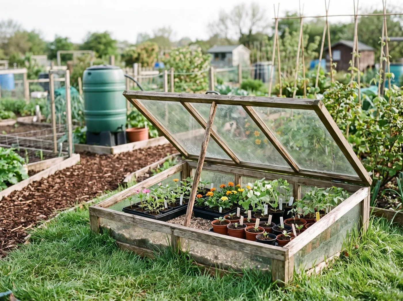 Trays of plug plants hardening off in an open cold frame on a UK allotment in spring