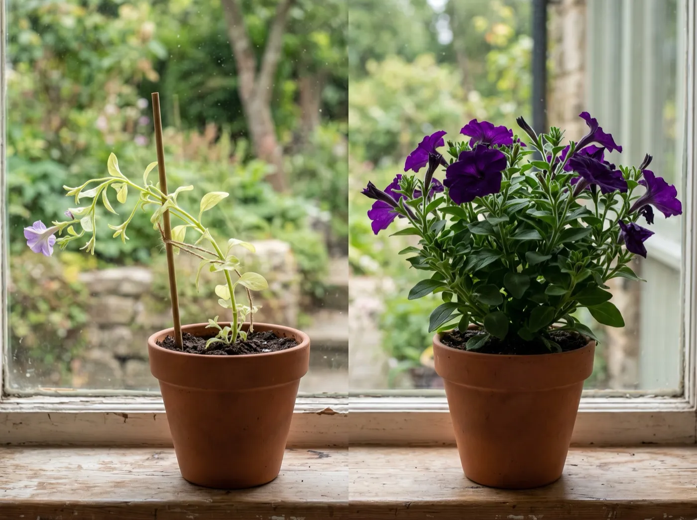 Comparison of a leggy pale plug plant next to a sturdy compact plug plant grown in better light