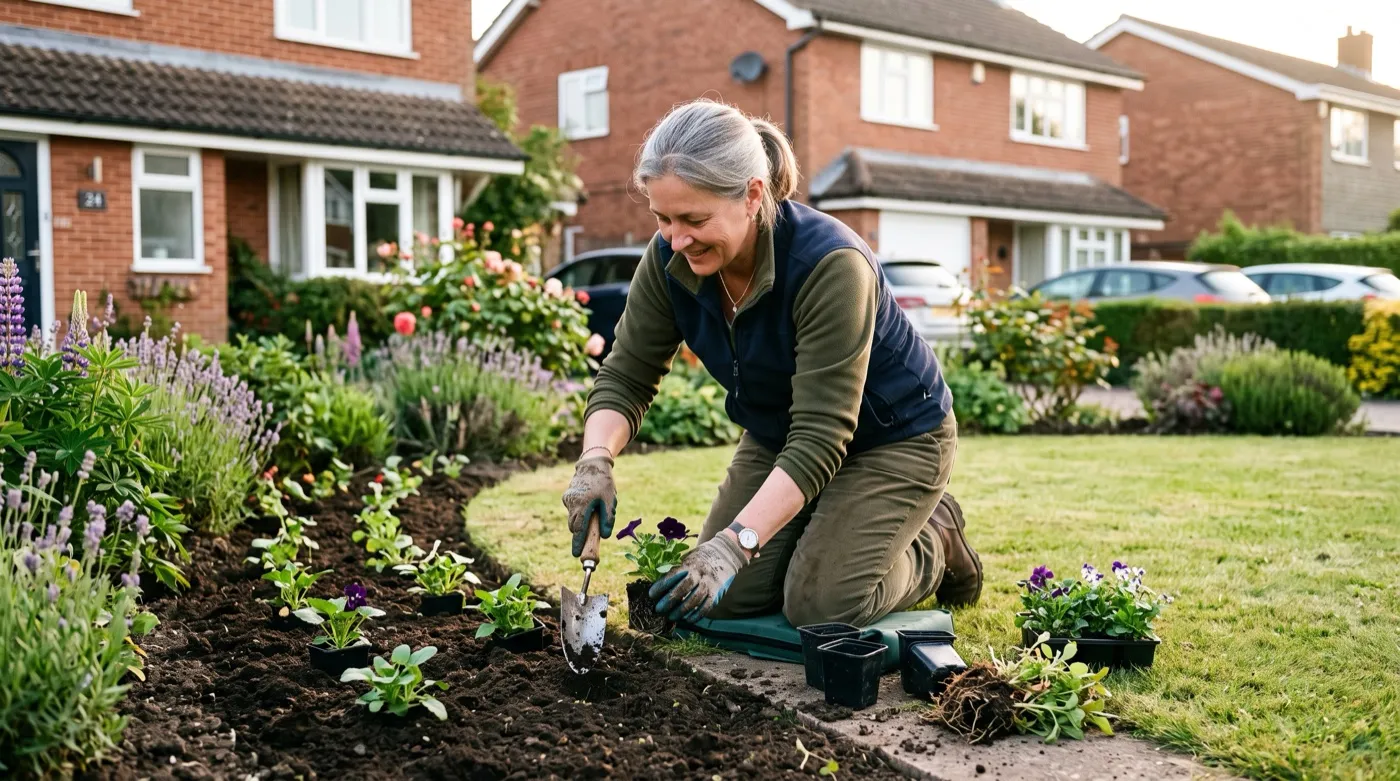 Gardener planting out grown-on plug plants into a suburban front garden border in late May