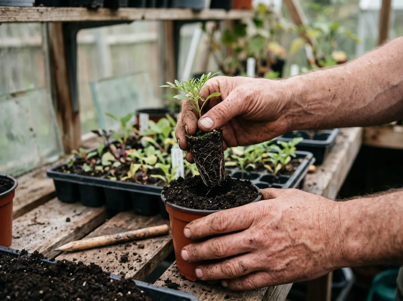 Close-up of hands potting on plug plants into peat-free compost in 9cm plastic pots