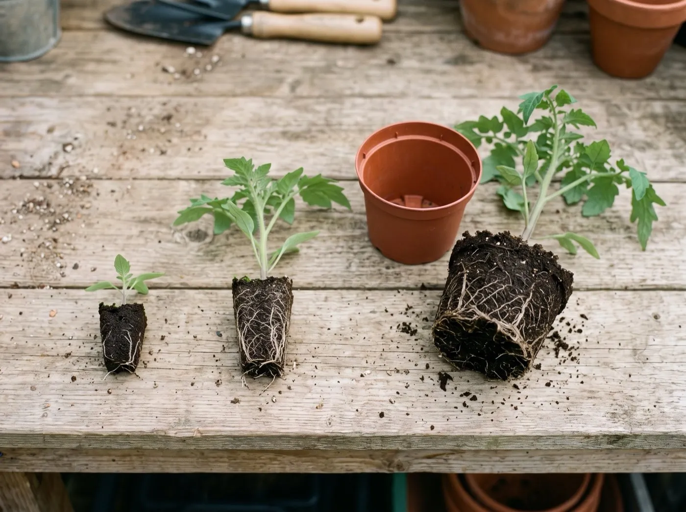 Three sizes of plug plants lined up for comparison, from mini plug to garden-ready pot, on a potting bench