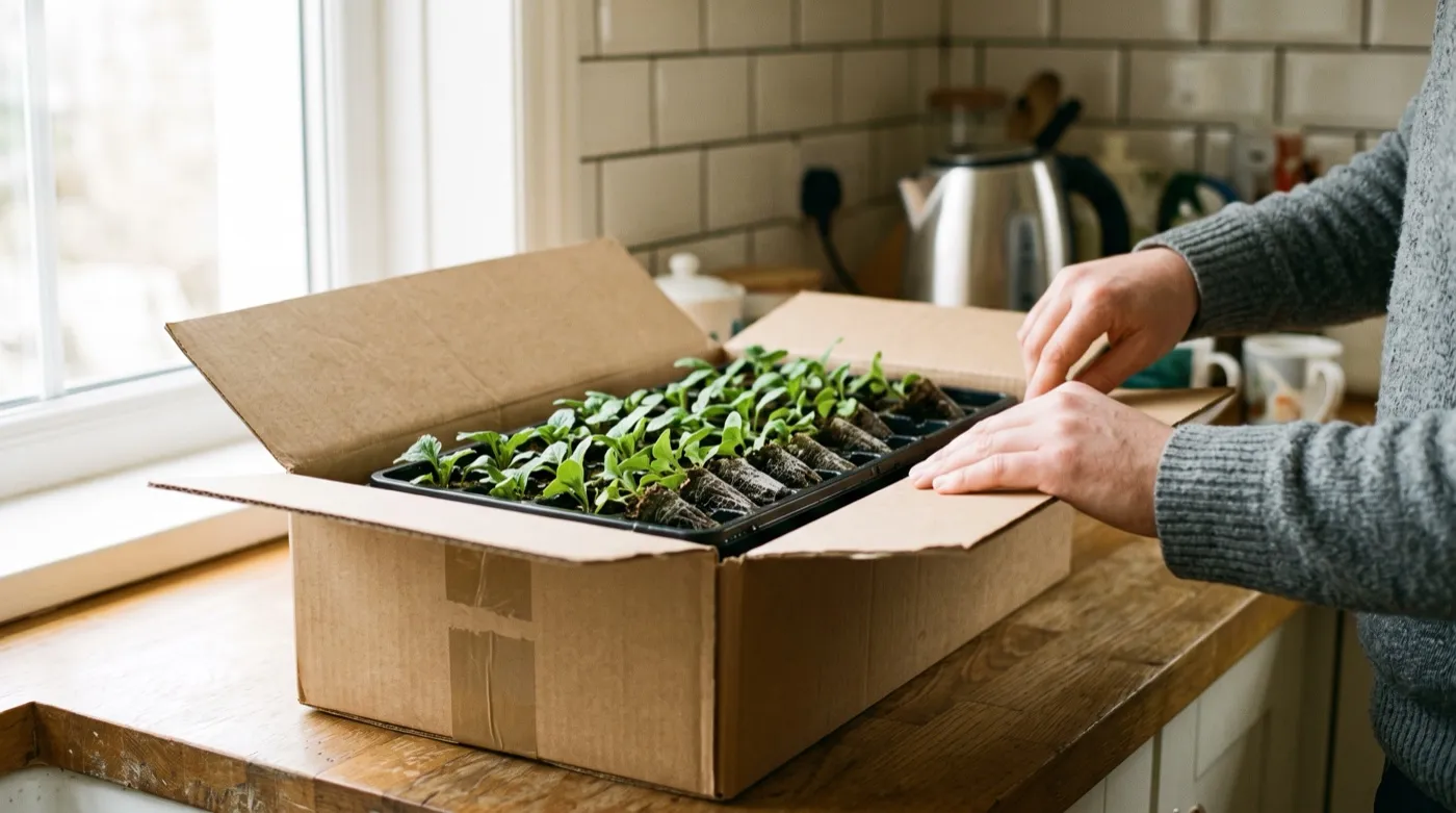 Freshly delivered plug plants being unpacked from a cardboard postal box on a kitchen worktop
