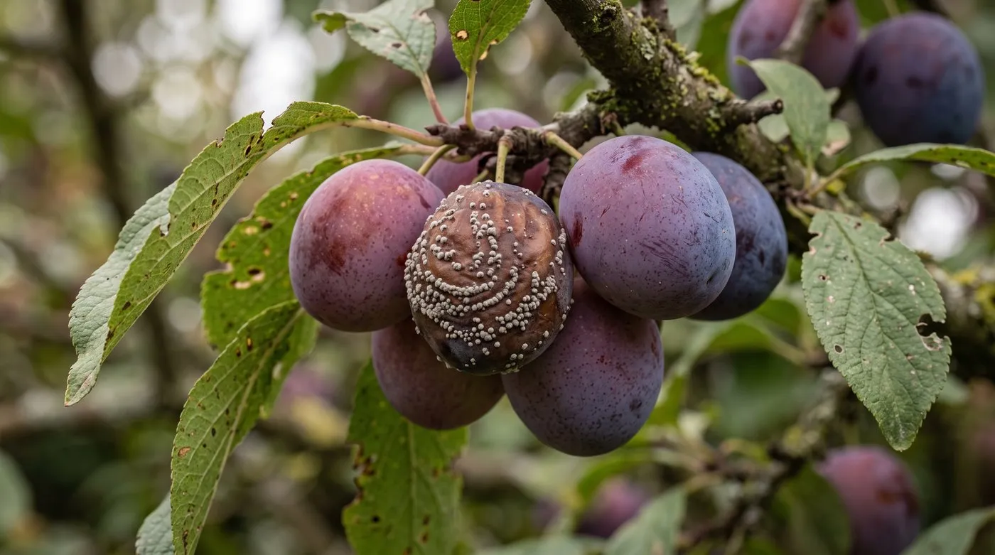 Plum with brown rot showing rings of grey-white fungus beside healthy fruit