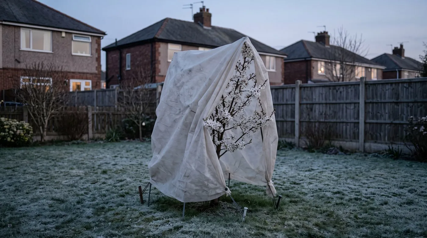 Small plum tree in white blossom being covered with fleece on a frosty evening