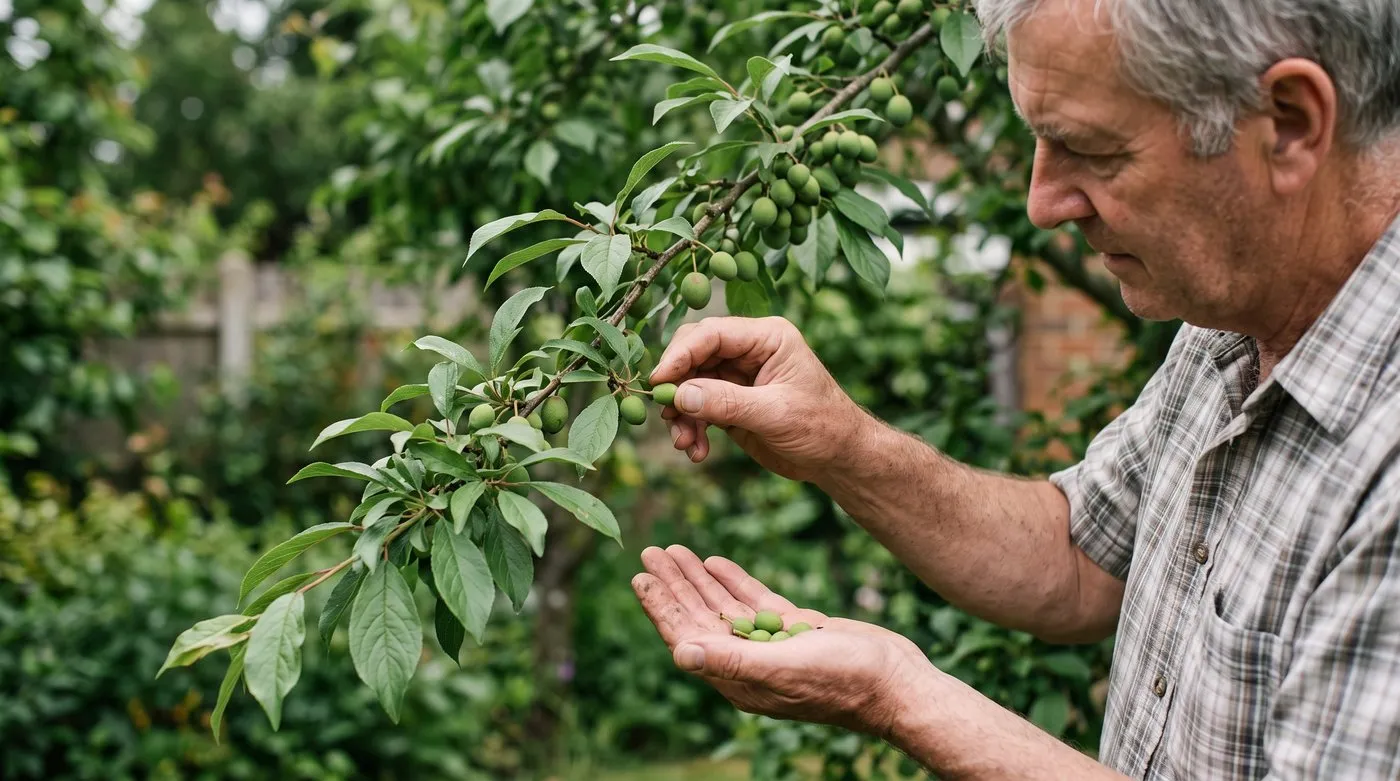 Man thinning hazelnut-sized plum fruitlets so they sit 5-8cm apart on the branch