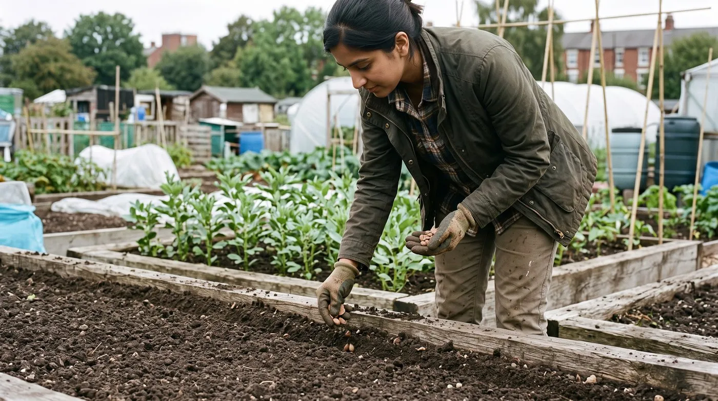 Gloved hands sowing poached egg plant seeds in a shallow drill along the edge of a raised veg bed