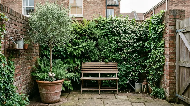 Pocket garden ideas in a tiny Bristol courtyard under 5 square metres with a green living wall and fold-down bench