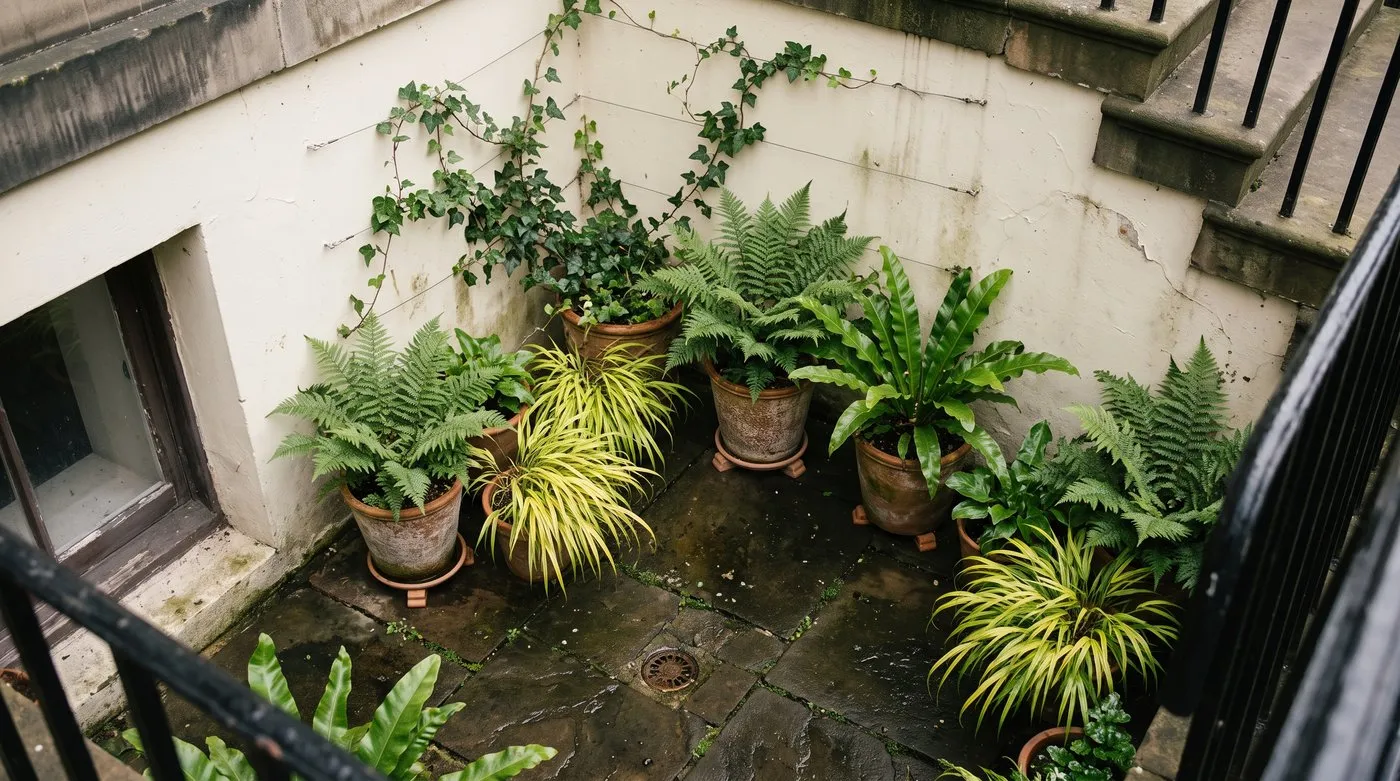 Basement light-well with pale walls and potted ferns and golden forest grass on pot feet