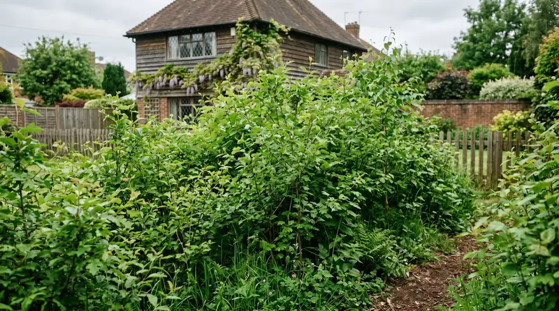 A dense young native pocket woodland of hawthorn, rowan and silver birch whips packed close together in a small suburban UK