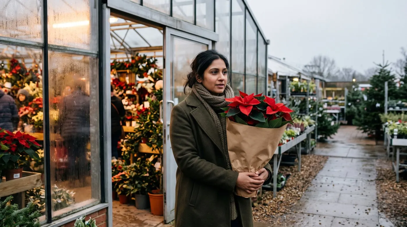 Woman carrying a paper-wrapped poinsettia out of a warm garden centre in winter