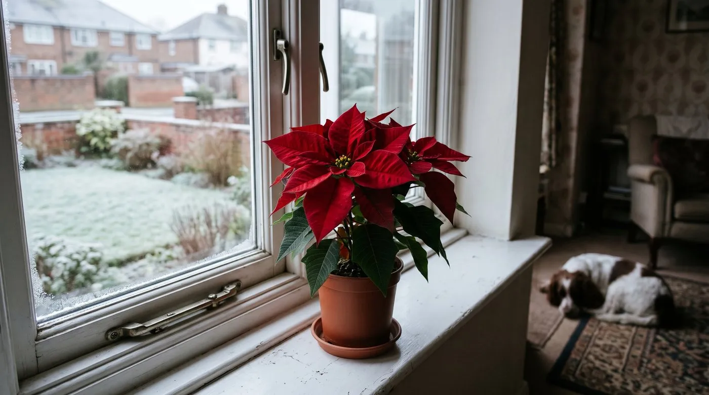 Red poinsettia in a pot on a bright living room windowsill with a frosty UK garden outside