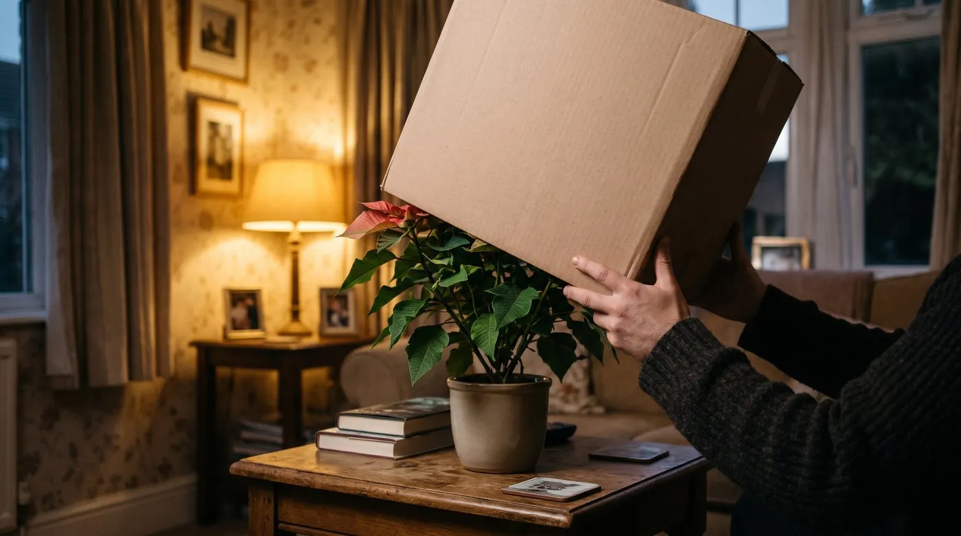 Poinsettia being placed under a cardboard box for its nightly dark period in autumn