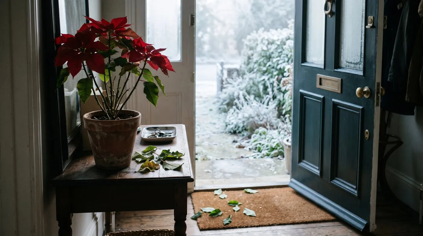 Poinsettia dropping green leaves on the floor beside a draughty front door