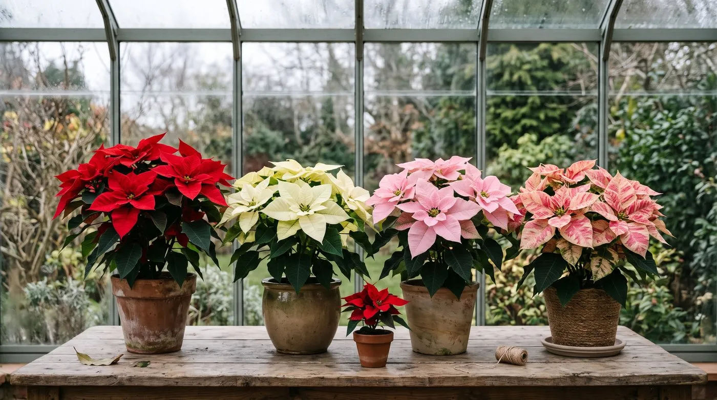 Red, white, pink and marbled poinsettias side by side on a conservatory table