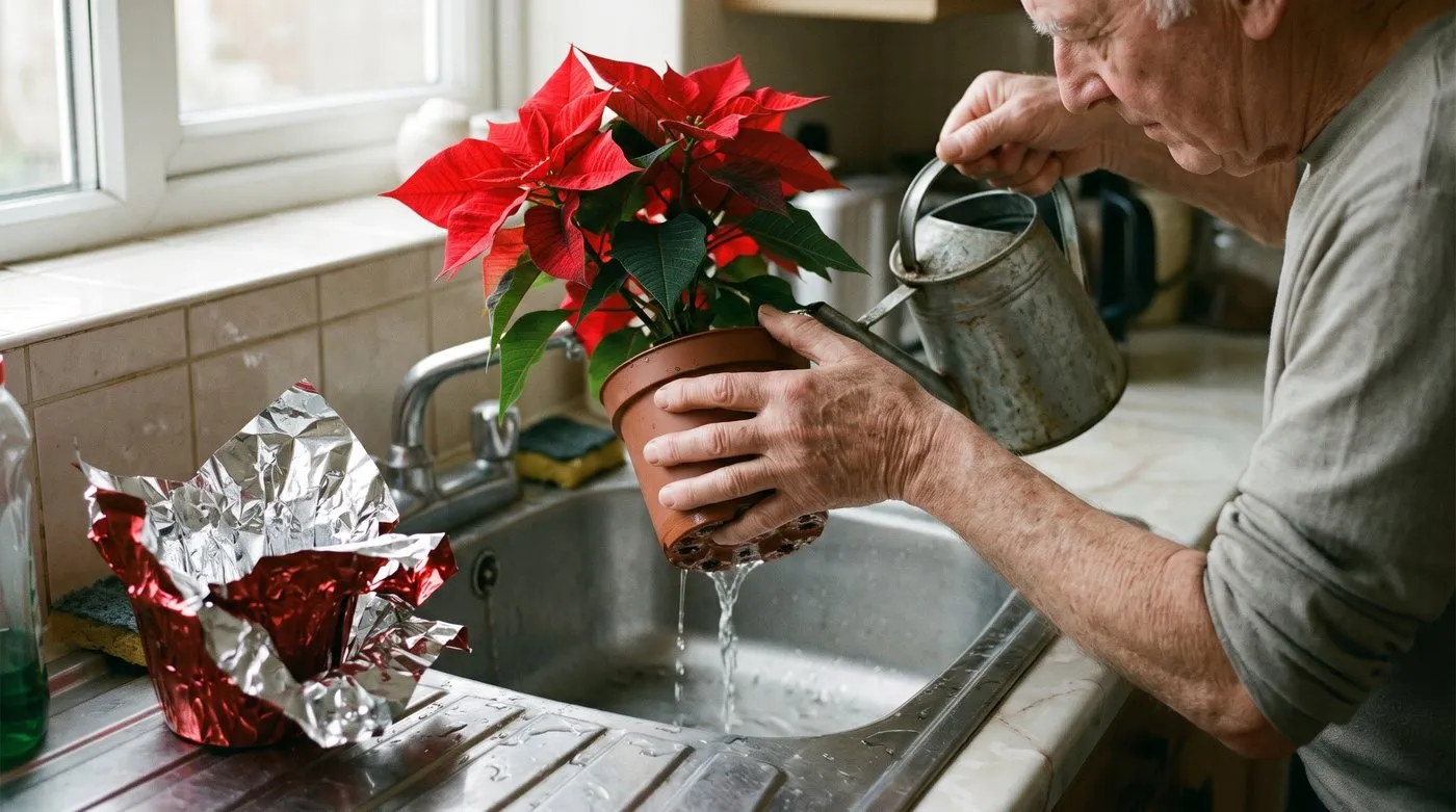 Older man watering a poinsettia at the kitchen sink with the foil wrap removed