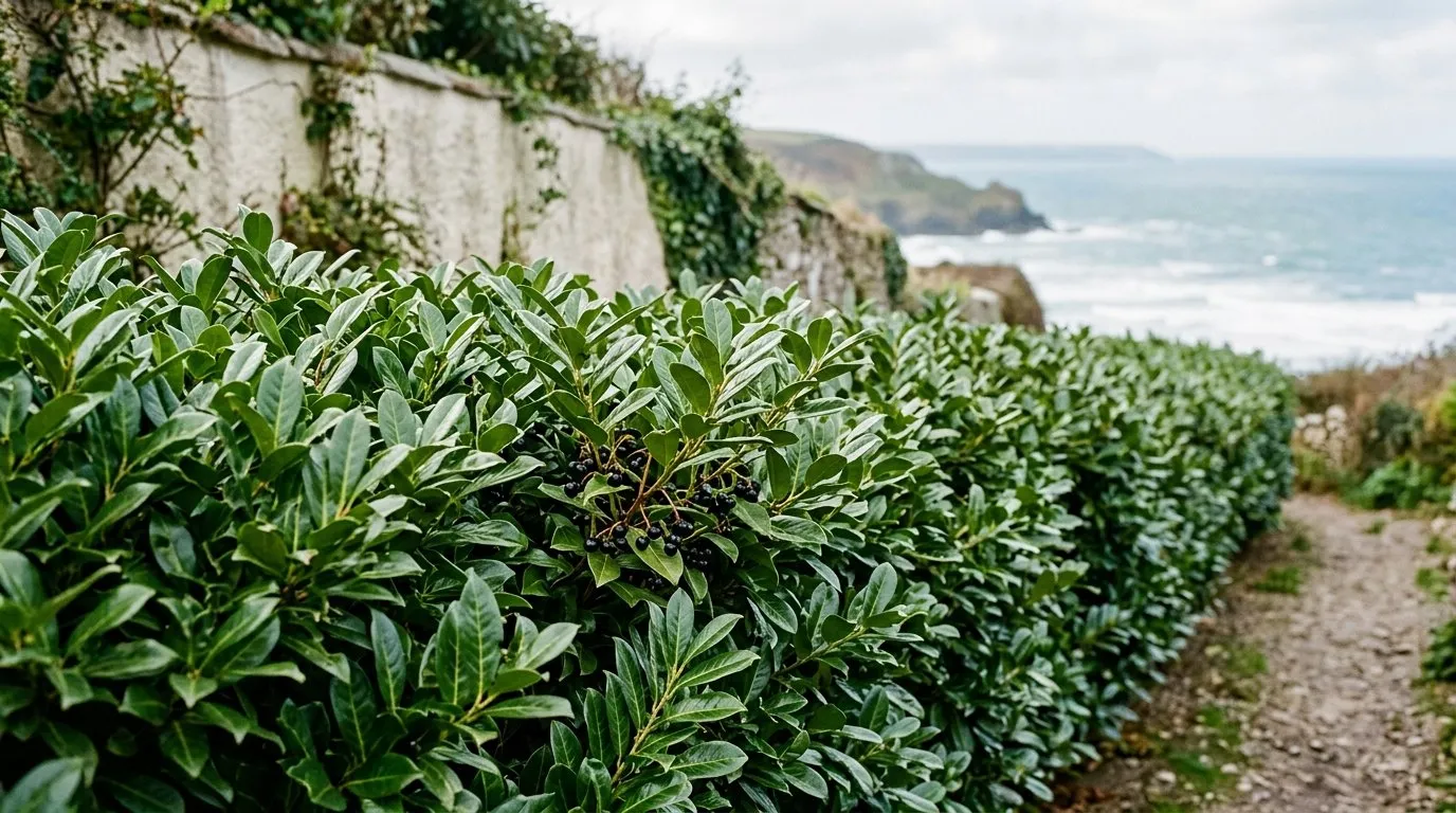 A dense glossy cherry laurel hedge with dark green leaves and a few black berries beside a pale render wall in a seaside garden