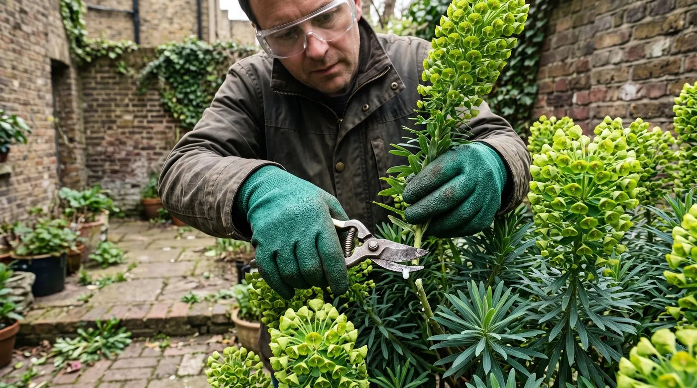 Gardener in gloves and safety glasses cutting back a euphorbia with secateurs