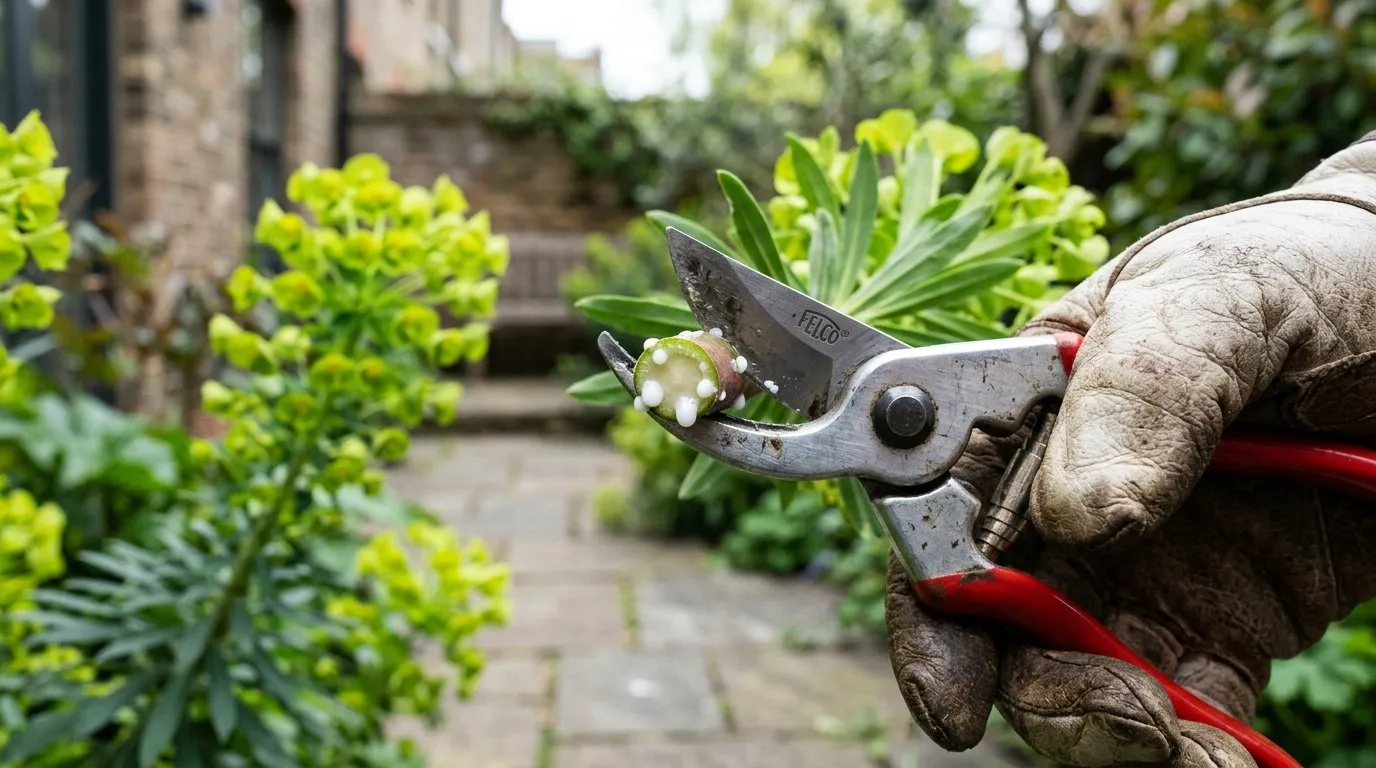 Cut euphorbia stem showing milky white latex sap and a gloved hand holding secateurs in a London townhouse courtyard garden