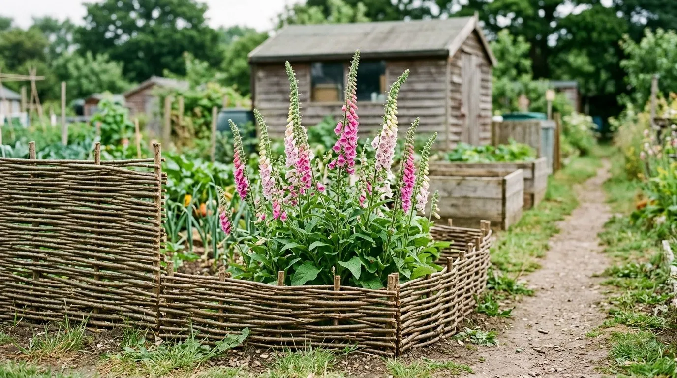 A low woven willow hurdle fence encircling a clump of foxgloves beside a path on a UK allotment with raised beds behind