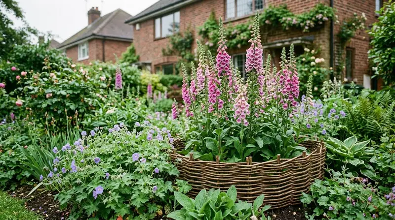 Foxgloves and other poisonous plants in a UK family garden border, with a low willow fence around the risky clump
