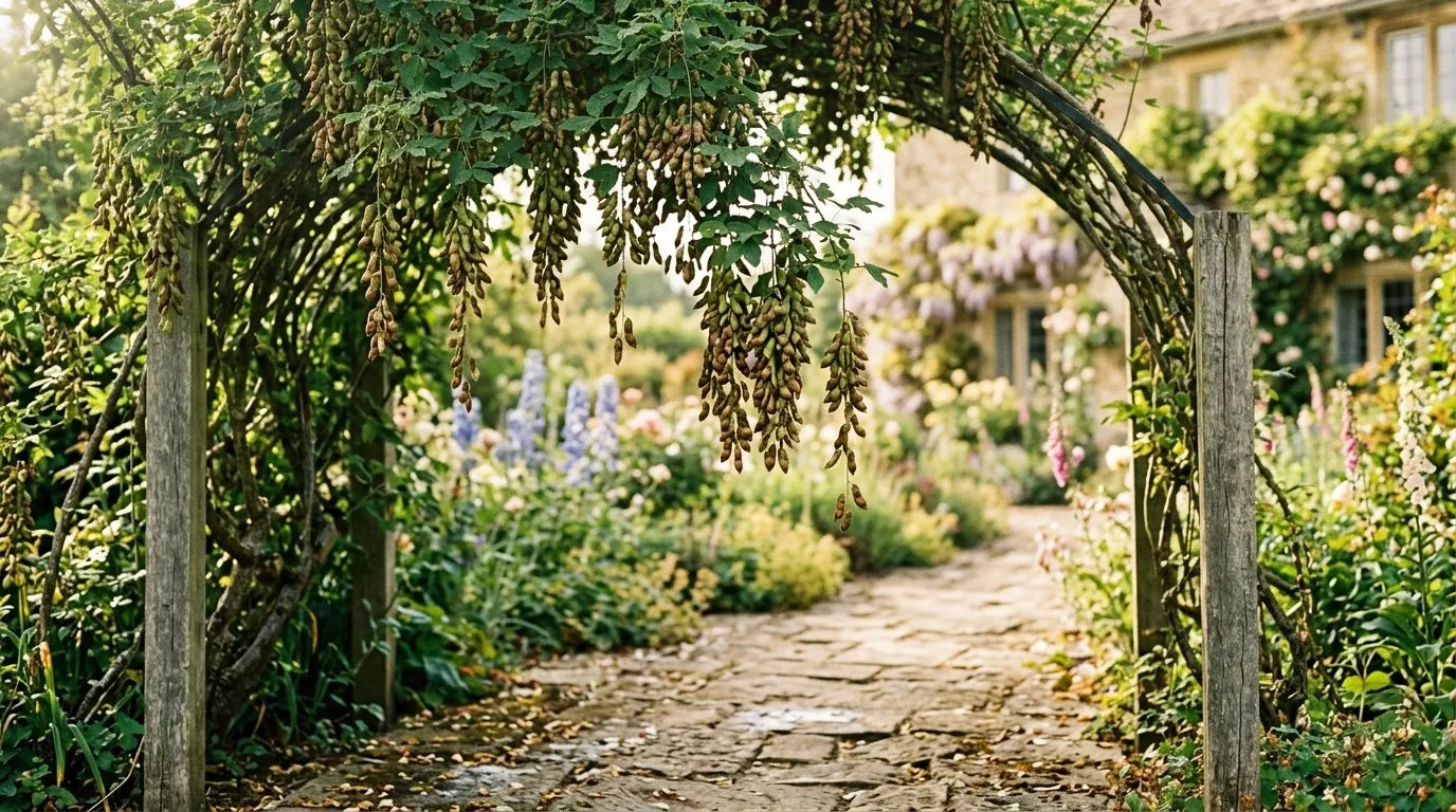 Laburnum archway with hanging green and brown seed pods over a honey-coloured stone path in a Cotswold cottage garden