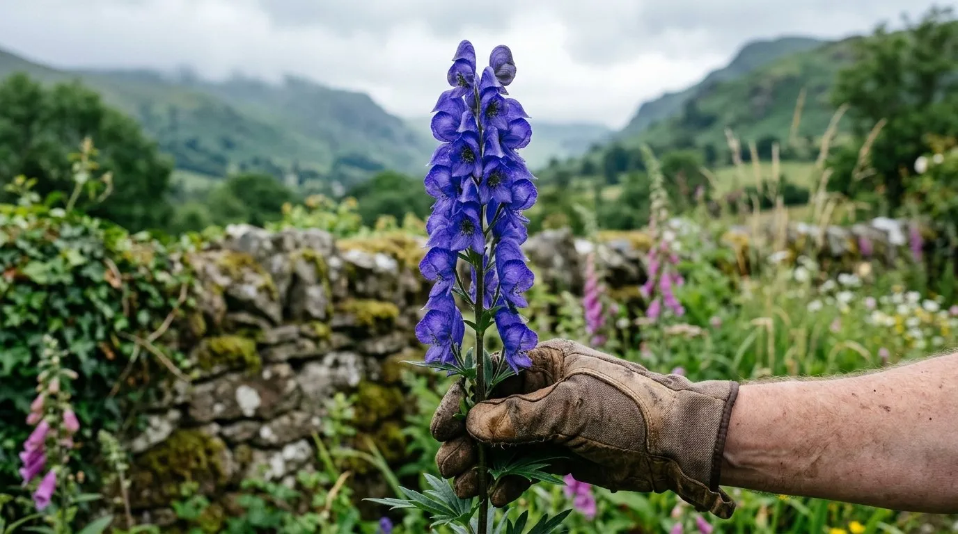 Close-up of deep blue-purple monkshood flowers with a gloved gardener's hand steadying one stem in a Welsh hillside garden