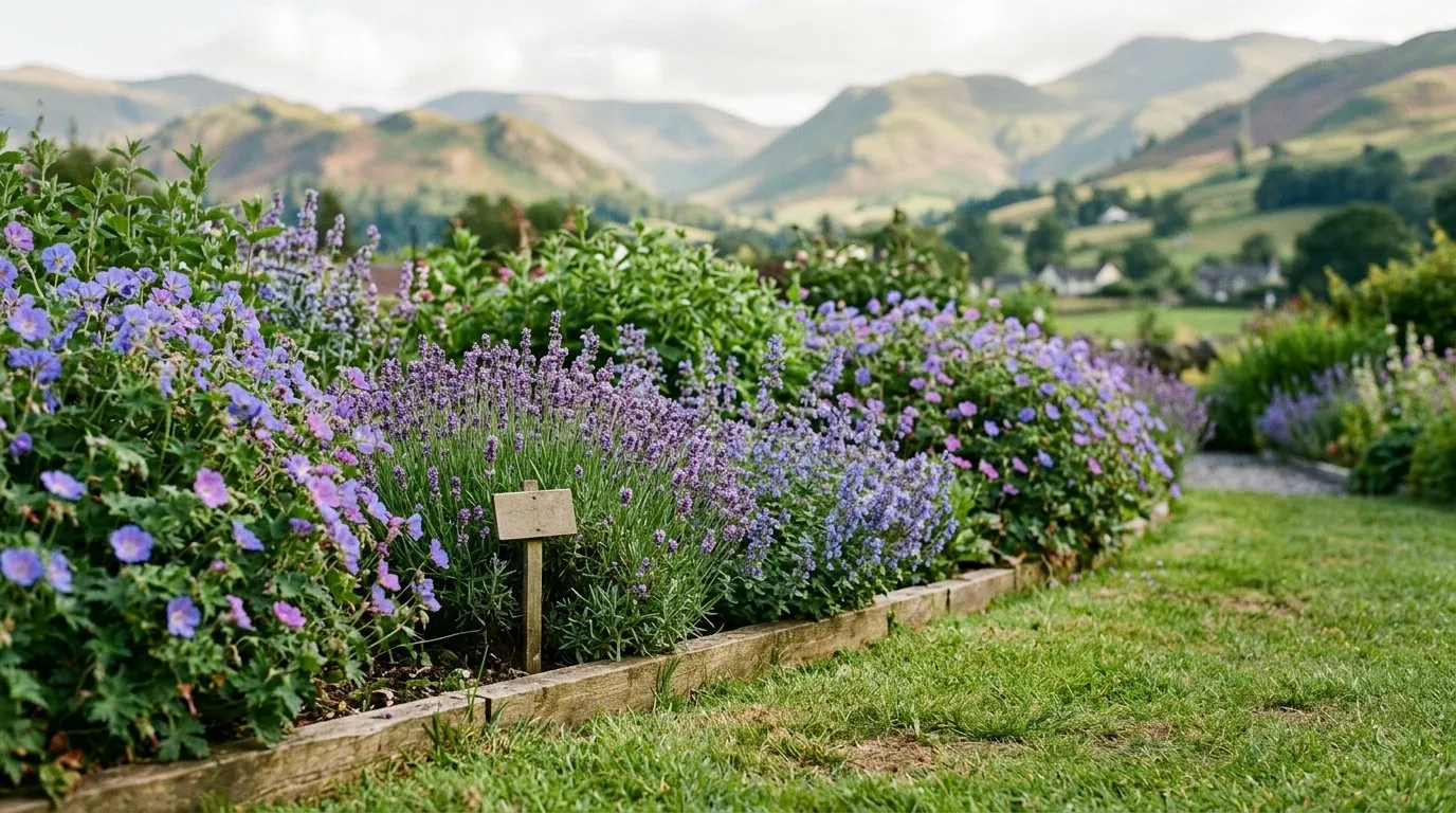A child-safe UK family garden border with lavender, catmint and hardy geraniums and a small painted plant label in a Lake District garden