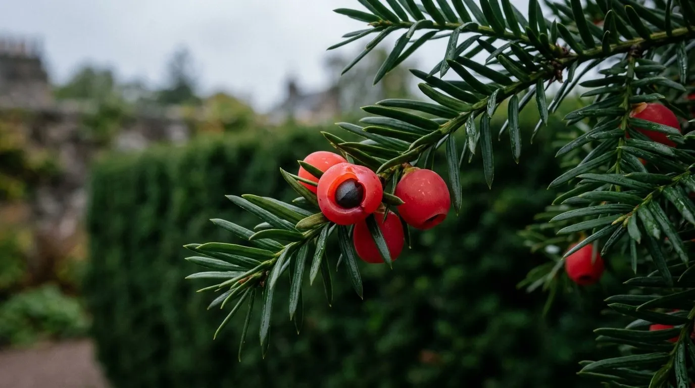 Macro close-up of a yew branch showing bright red arils each with a dark hard seed visible inside, against dark green needles