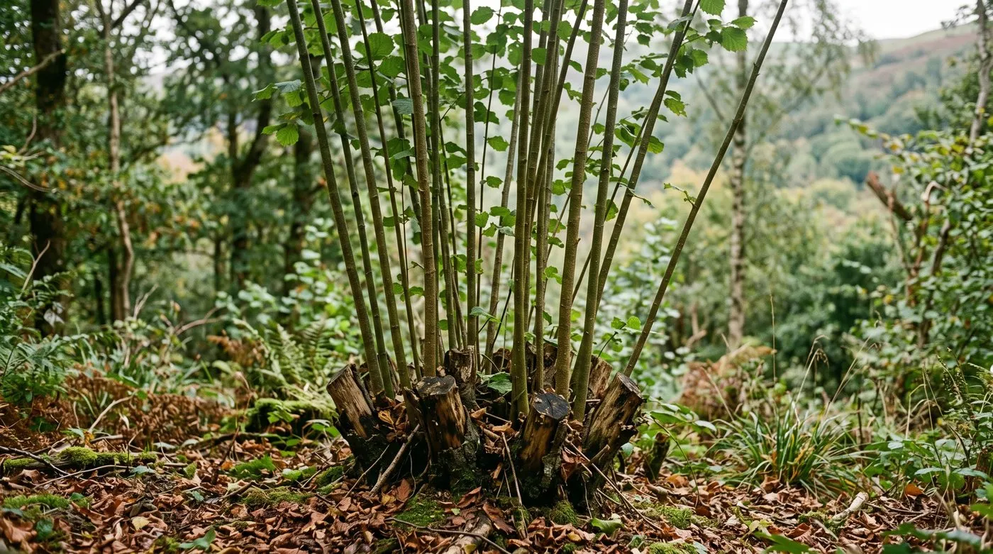 Multiple straight new rods rising from a cut hazel stool with older cut stumps visible at the base in a Welsh coppice