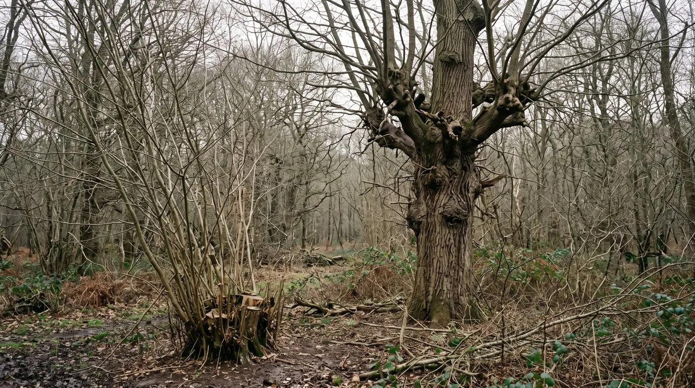 Diagram-style comparison of a low coppice stool beside a tall pollarded trunk framework in an English woodland clearing