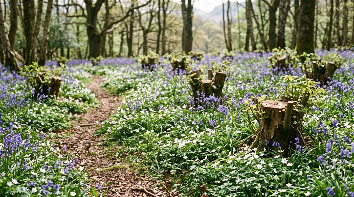 Bluebells and wood anemones flowering across the open floor of a freshly coppiced hazel plot in a Lake District wood