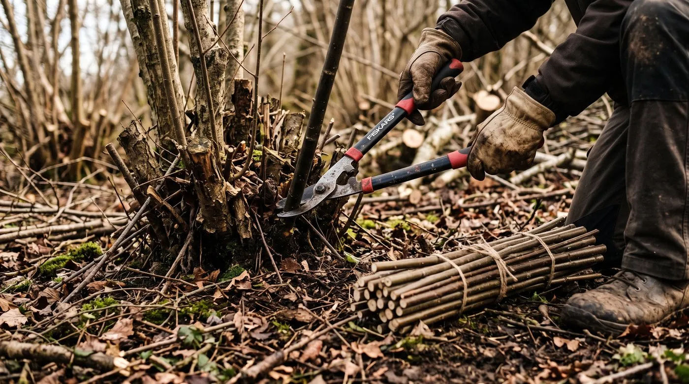 Gloved hands using loppers to cut a hazel rod low on the stool with a bundle of cut rods on the woodland floor