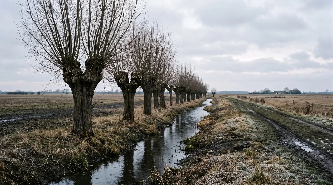 Pollarded willows in a row along a Cambridgeshire fen ditch with bare knuckled trunks against a low winter sky