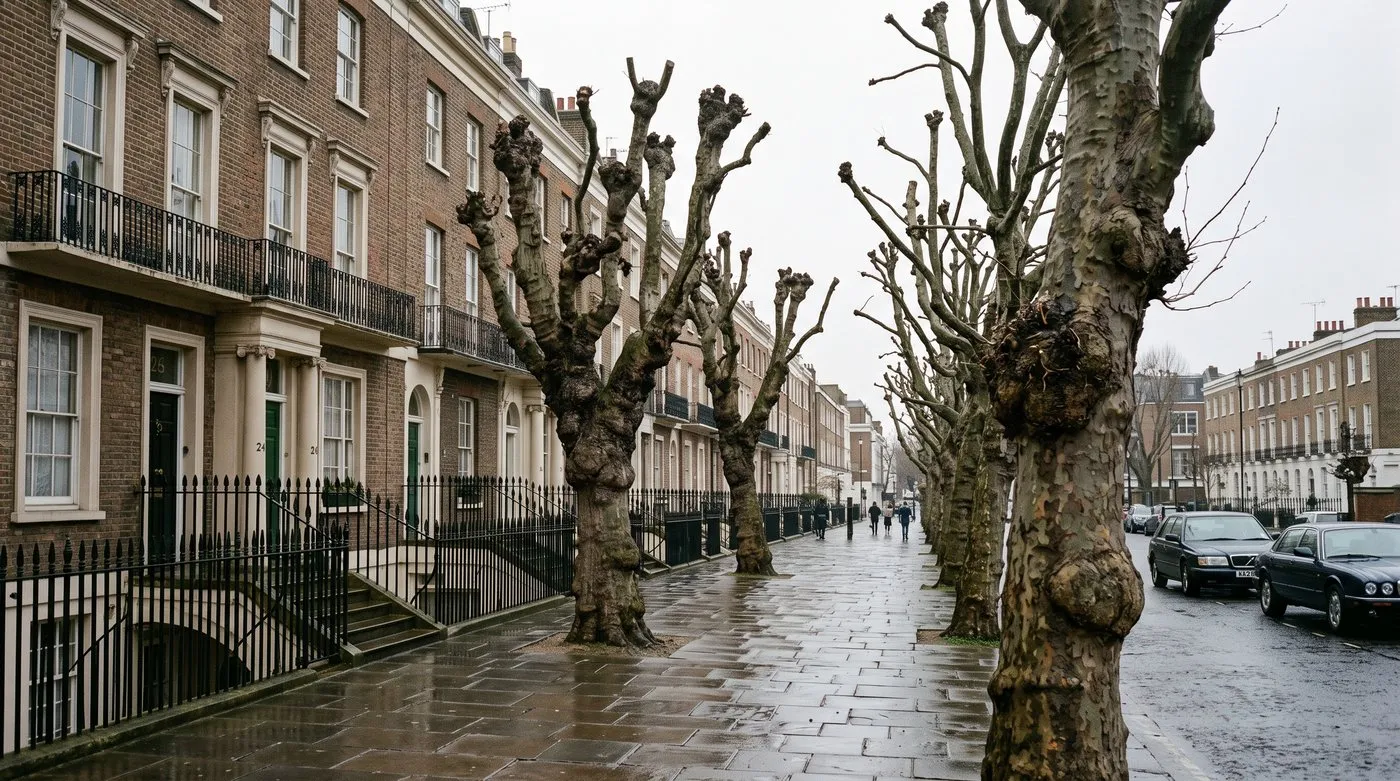Row of pollarded London plane street trees with knuckled bollings lining a London townhouse terrace in winter