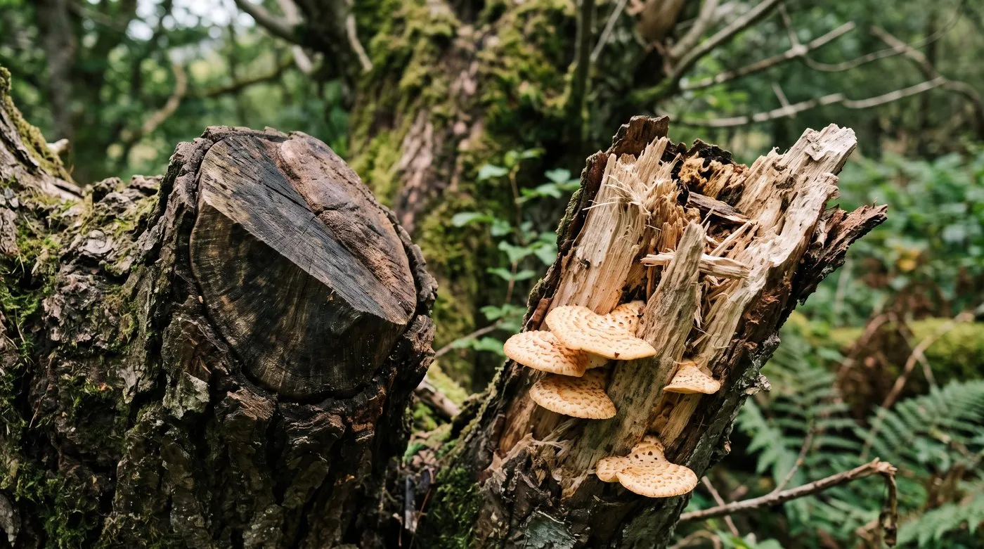 Close-up of a clean angled saw cut on a pollard bolling beside a torn ragged cut for comparison on a Scottish estate