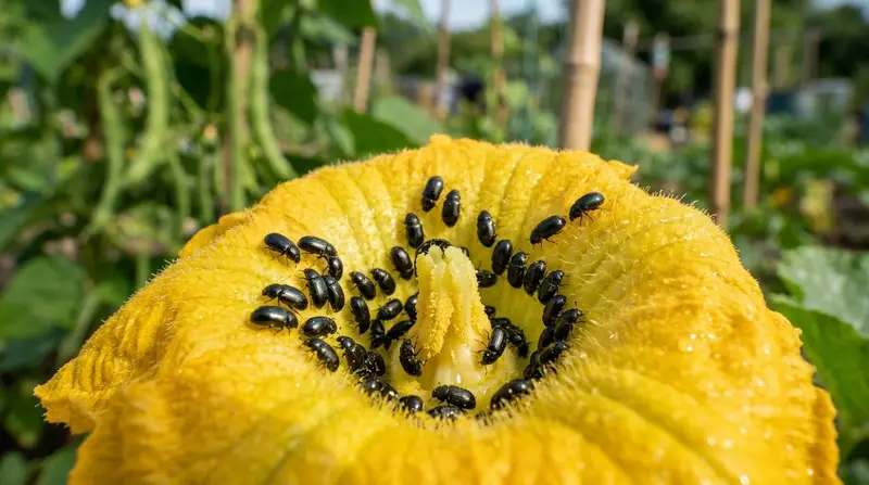 Tiny shiny black pollen beetles swarming on a bright yellow courgette flower in a UK allotment in summer