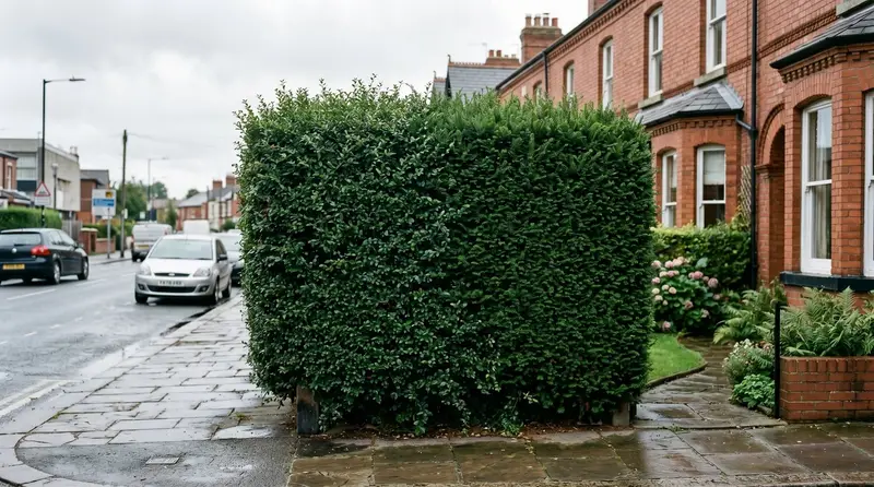 Dense pollution-busting hedge of cotoneaster and yew screening a UK terraced front garden from a busy roadside