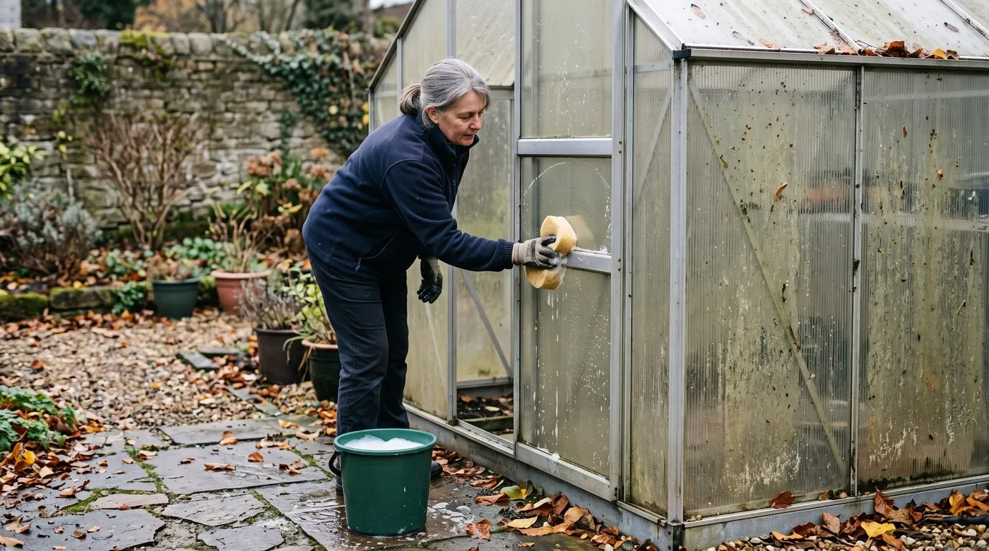 Woman cleaning a polycarbonate greenhouse panel with a soft sponge and warm soapy water in autumn