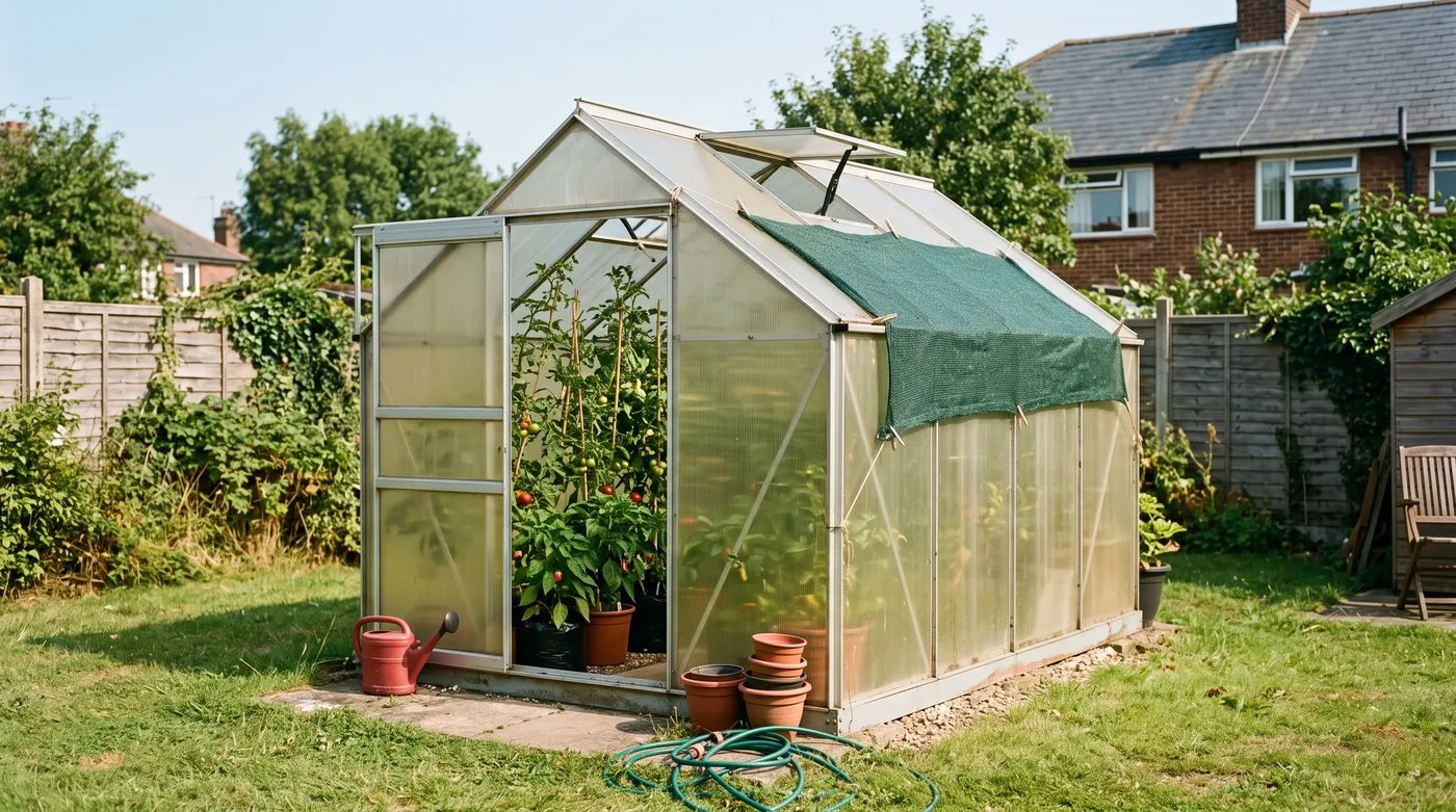 Polycarbonate greenhouse with shade netting, open roof vents and door propped open on a hot day