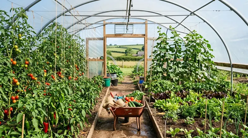 A productive UK polytunnel in summer with rows of tomatoes peppers cucumbers and salad crops with the door open and a