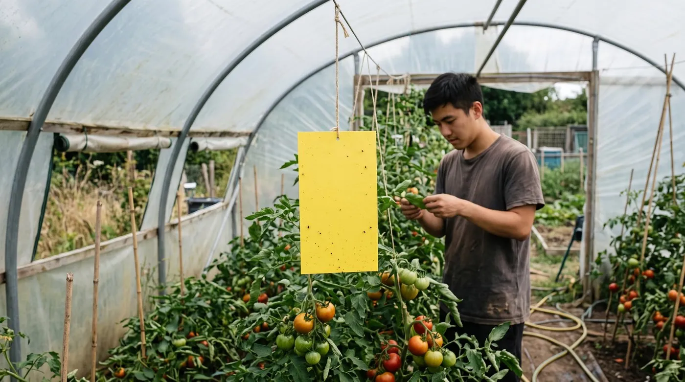 Yellow sticky trap hanging among tomato plants in a polytunnel while a grower checks under the leaves