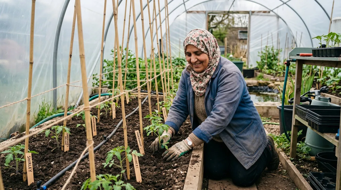 A UK gardener of Pashtun heritage planting young tomato plants into a polytunnel bed in late April with bamboo canes and string supports ready and small plant tags labelling varieties