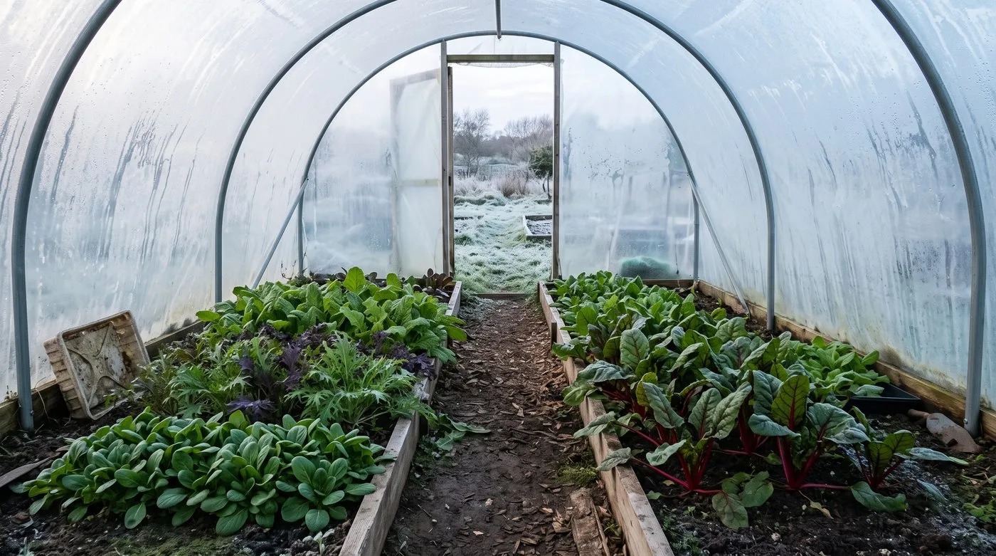 Winter salads, mizuna, mustards and chard growing in a polytunnel on a frosty January morning