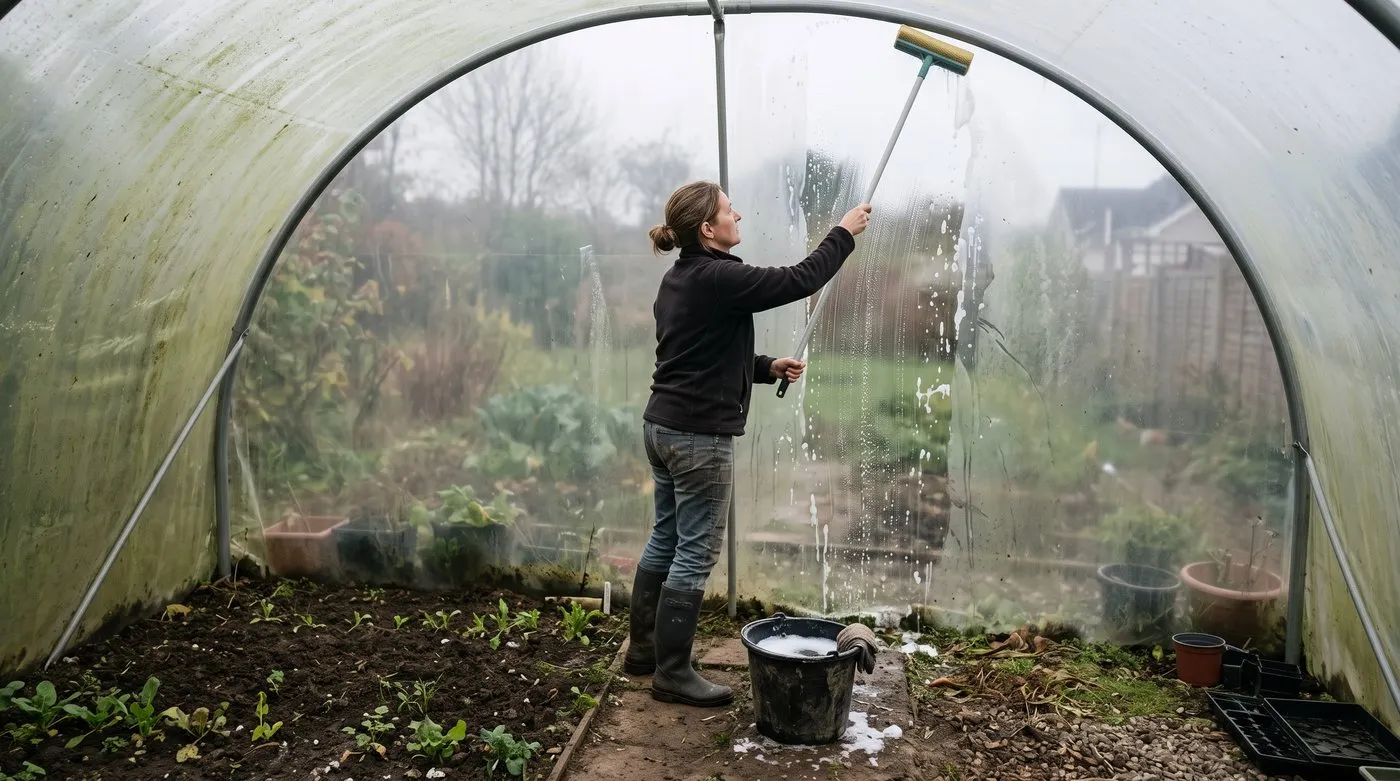 Gardener washing green algae off the inside of a polytunnel cover with a soft mop in autumn