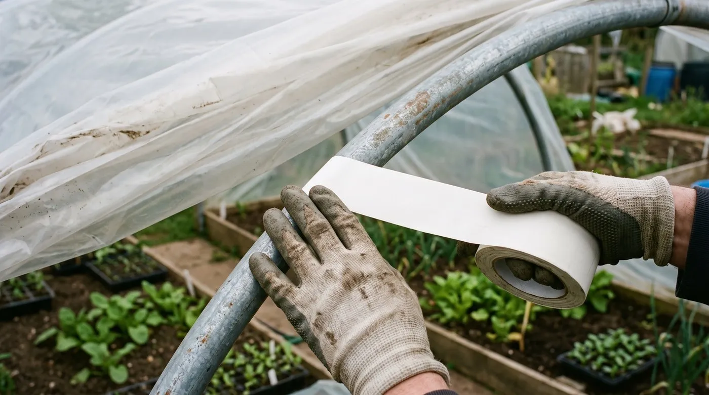 Gloved hands applying white anti-hot-spot tape along a metal polytunnel hoop